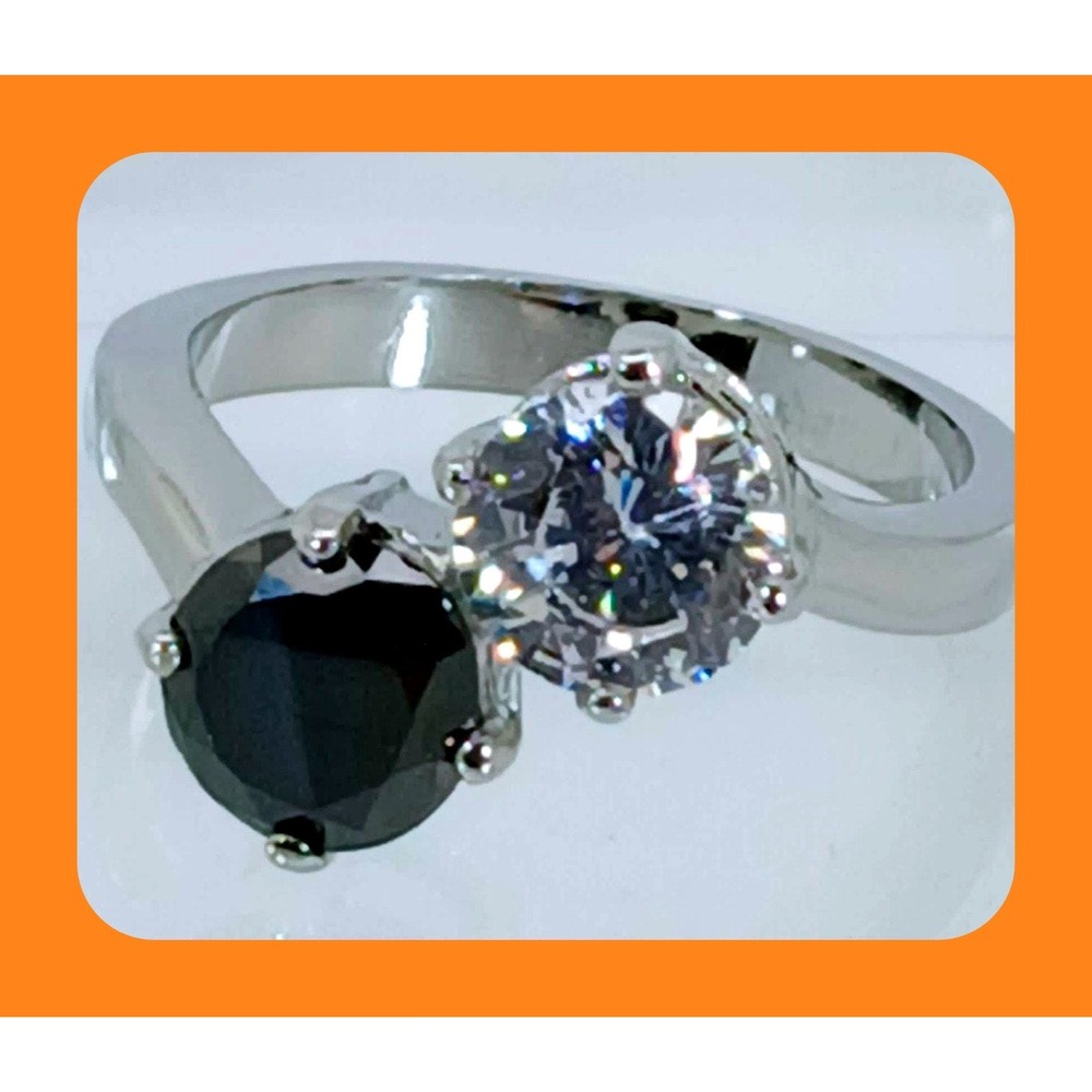 Vintage 90s Bypass Ring Black Clear CZ 2ctw Silver Tone Toi et Moi Ring Size 7
